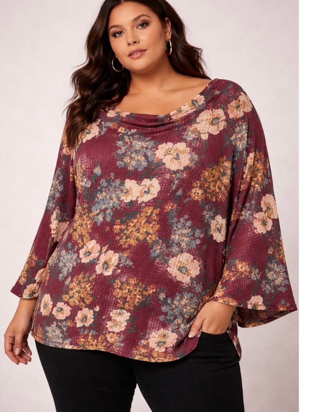 Umgee Floral Cowl Neck Plus-Size Top in Burgundy with bell sleeve xl fits 1/2x